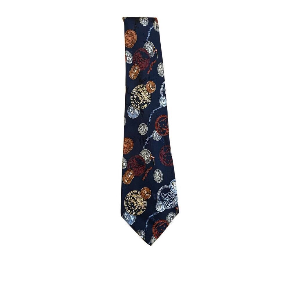 Nicole miller, 1995 vintage money, coin, navy blue, 100% silk tie